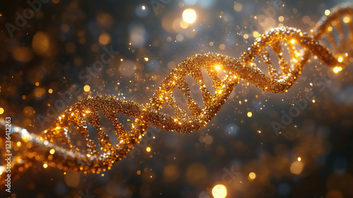 Glittering dna helix with golden particles in a biotech concept