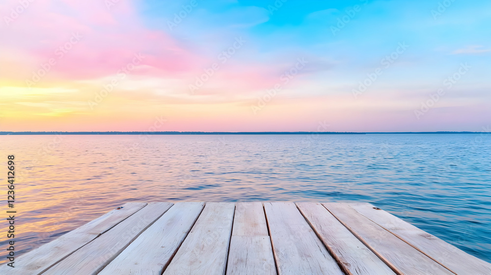 Fototapeta premium Calm lake sunset, wooden dock, peaceful sky. Perfect for travel brochures