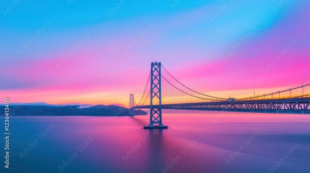 Breathtaking View of Bay Bridge Silhouetted Against a Vibrant Sunset Sky Painted in Warm Hues of Orange and Pink Evoking Tranquility and Wonder Breathtaking View of Bay Bridge Silhouetted Against a Vibrant Sunset Sky Painted in Warm Hues of Orange and Pink Evoking Tranquility and Wonder