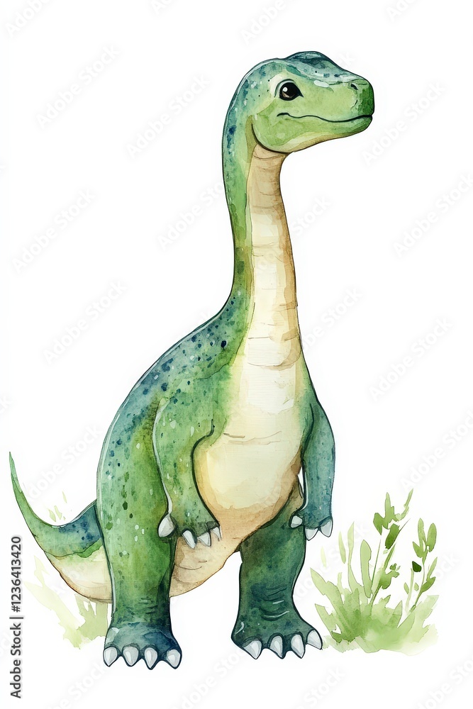 Obraz premium Watercolor Illustration of a Friendly Green Dinosaur Standing Tall