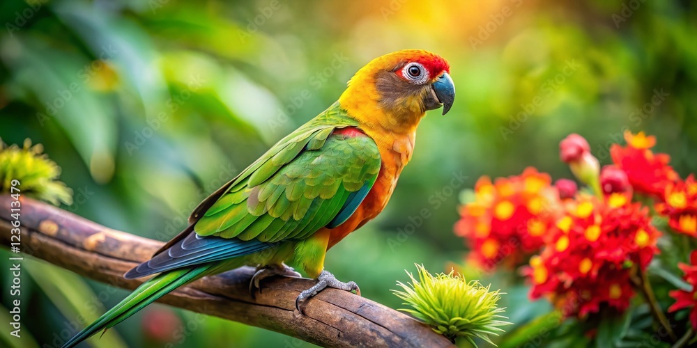 Fototapeta premium Paradise Gold Capped Conure In Lush Tropical Rainforest