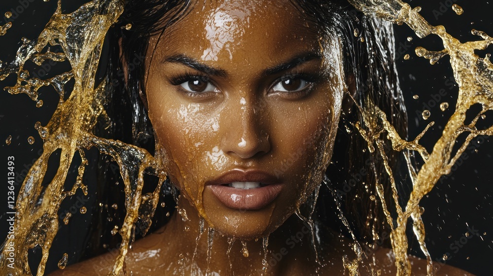 Fototapeta premium Woman, oil, splash, beauty, skincare, portrait, studio, dark, hair, face