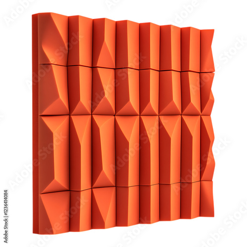 Bright orange geometric acoustic foam panels featuring a complex triangular relief pattern are isolated on a transparent background for sound