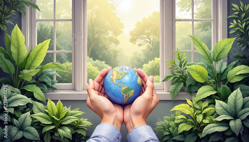 Earth Day Hands Holding a Globe Among Lush Indoor Plants