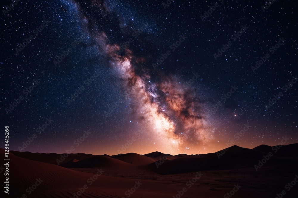 Milky Way shines brightly over desert landscape during night sky Milky Way shines brightly over desert landscape during night sky