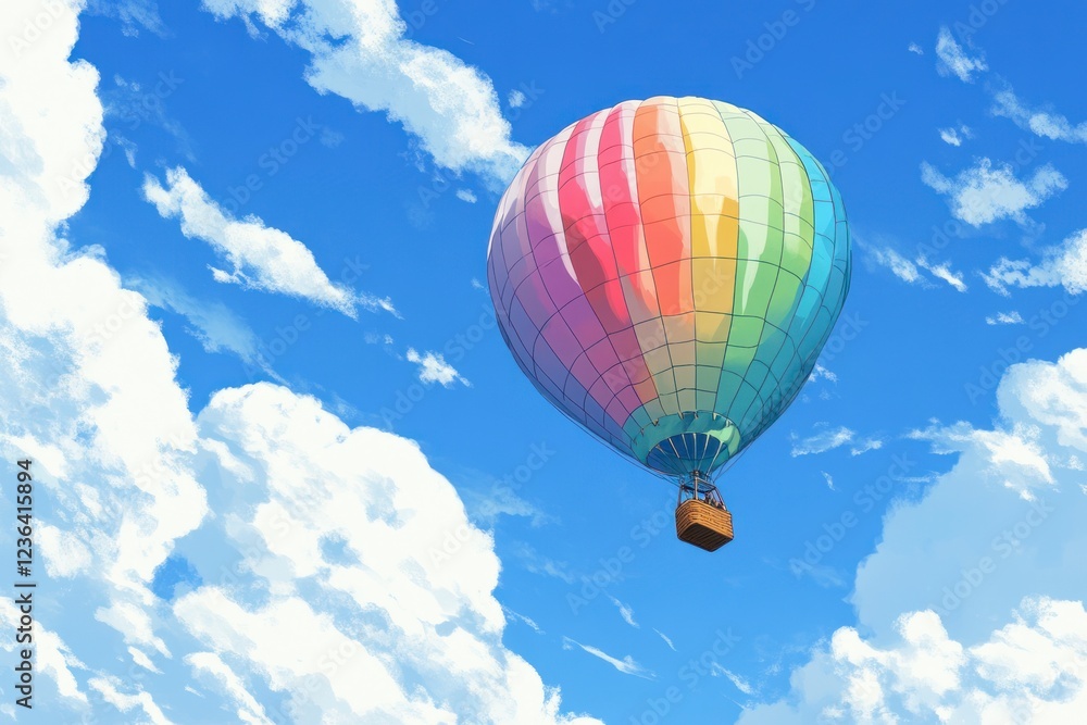A colorful hot air balloon floating in the sky, with fluffy white clouds and blue skies in the background. The balloon is striped in a rainbow of colors. A colorful hot air balloon floating in the sky, with fluffy white clouds and blue skies in the background. The balloon is striped in a rainbow of colors.