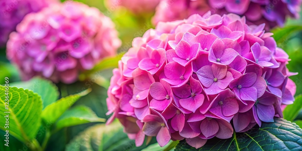 Pink Hydrangea Macrophylla Close Up Top View, Blooming Bigleaf Hortensia Flower, Garden Photography, Copy Space Pink Hydrangea Macrophylla Close Up Top View, Blooming Bigleaf Hortensia Flower, Garden Photography, Copy Space