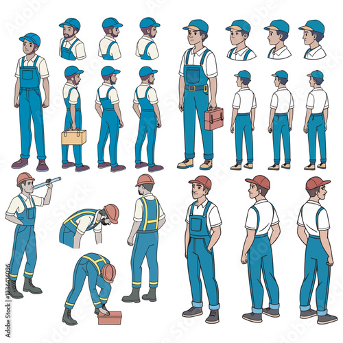Handyman, repair worker, plumber in uniform. Front, side and back view set. Body parts, postures, poses collection vector illustration.