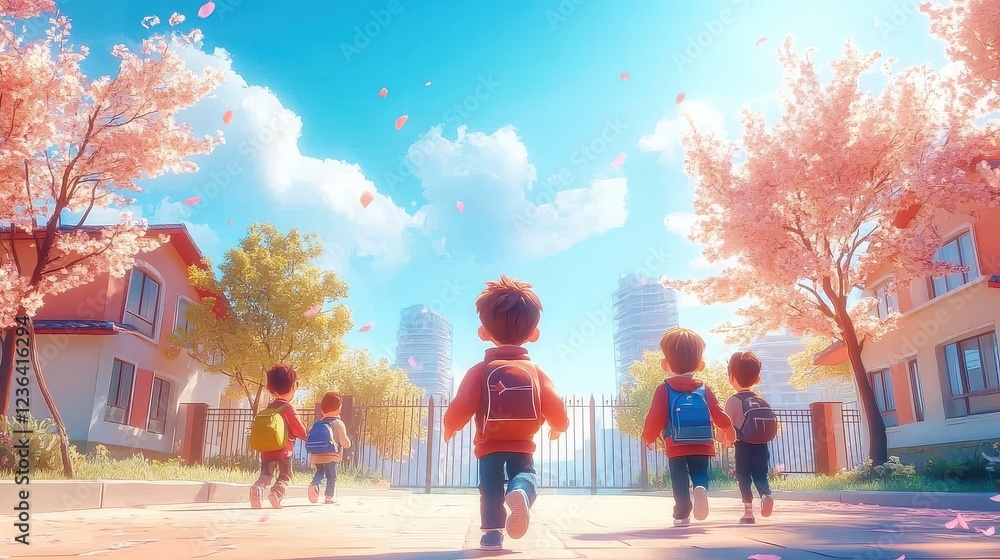 Obraz premium Primary school students start and end school