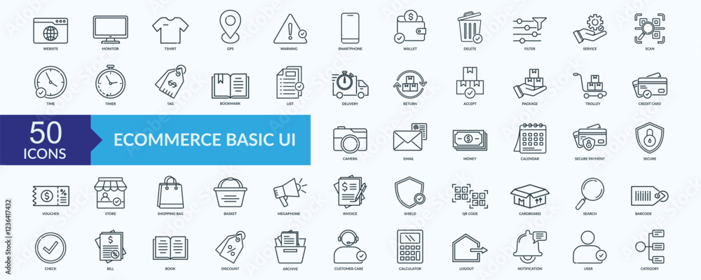 Ecommerce basic UI icon collection set with website, monitor, service, barcode, notification Ecommerce basic UI icon collection set with website, monitor, service, barcode, notification