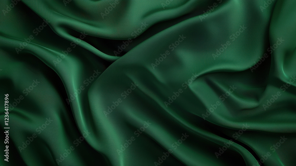 Fototapeta premium Luxurious green silk fabric with smooth, flowing texture and elegant drapes. delicate folds create rich visual depth, perfect for various design applications