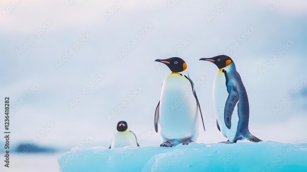 Obraz premium Two Adorable Penguins Standing Together on a Floating Iceberg in a Bright Arctic Landscape Creating a Playful and Tranquil Wildlife Scene