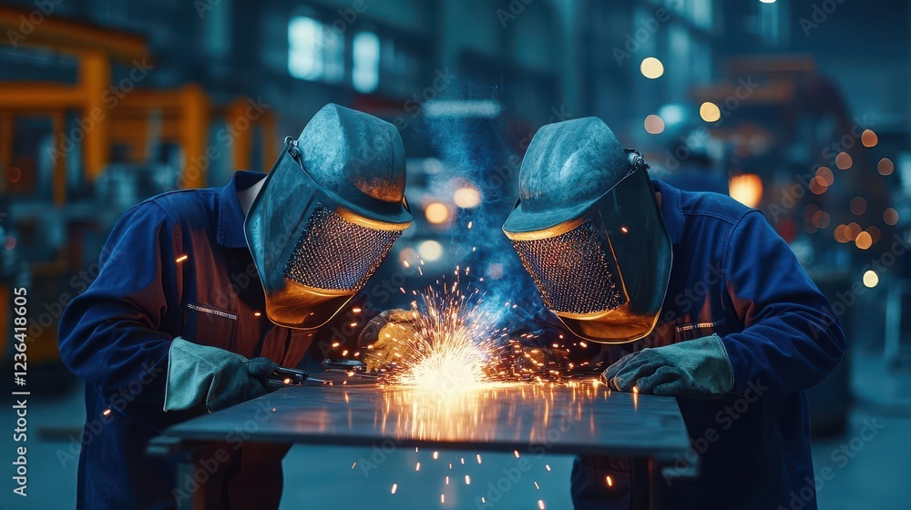 Two Skilled Welders Engaged in Precision Metalwork Inside a Busy Industrial Factory Creating Sparks in a Dynamic and Productive Work Environment Two Skilled Welders Engaged in Precision Metalwork Inside a Busy Industrial Factory Creating Sparks in a Dynamic and Productive Work Environment