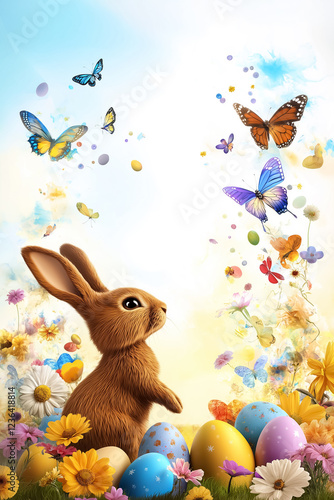 Easter bunny silhouette looks upward at colorful butterflies amid blooming flowers and pastel eggs creating a cheerful spring atmosphere filled with joy and renewal
