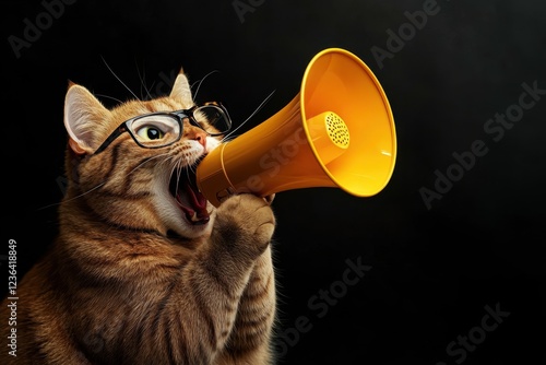 a cat with glasses screams into a yellow megaphone