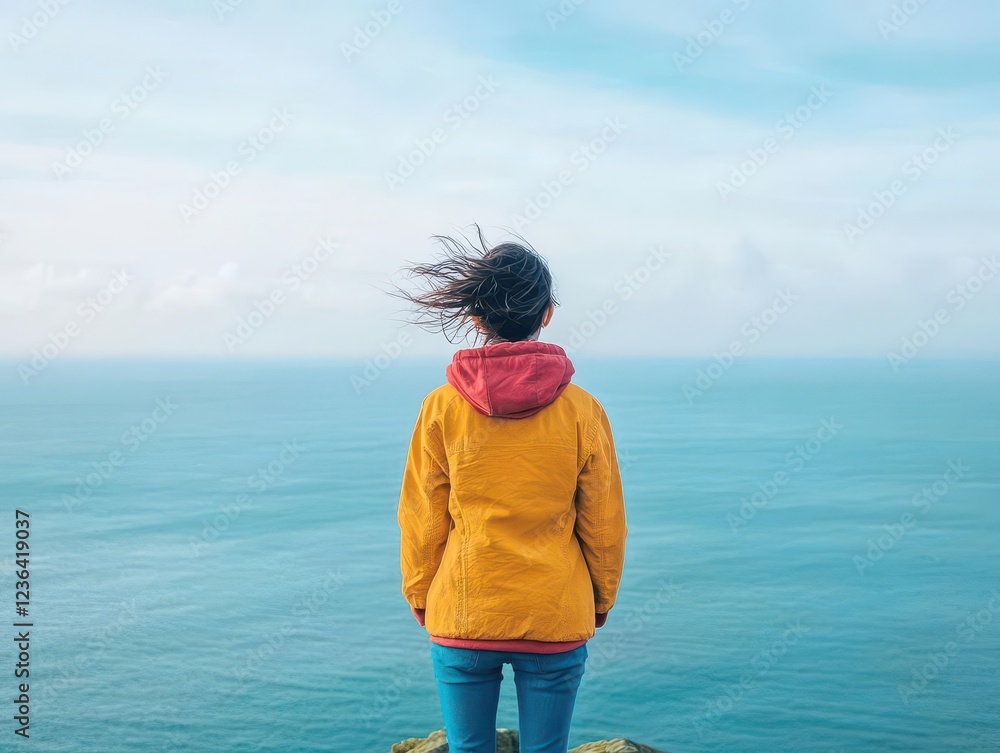 A Brave Woman Standing on a Rocky Cliff Gazing at the Vast Ocean Under a Bright Blue Sky Evoking Feelings of Freedom and Adventure in Nature A Brave Woman Standing on a Rocky Cliff Gazing at the Vast Ocean Under a Bright Blue Sky Evoking Feelings of Freedom and Adventure in Nature