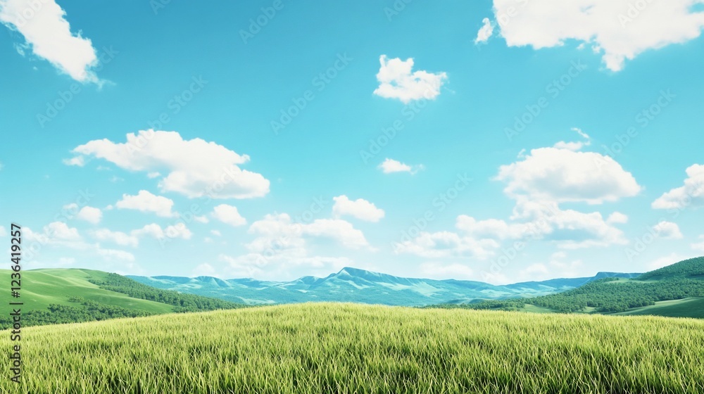 Fototapeta premium Scenic Meadow View with Hills and a Blue Sky with White Clouds landscape