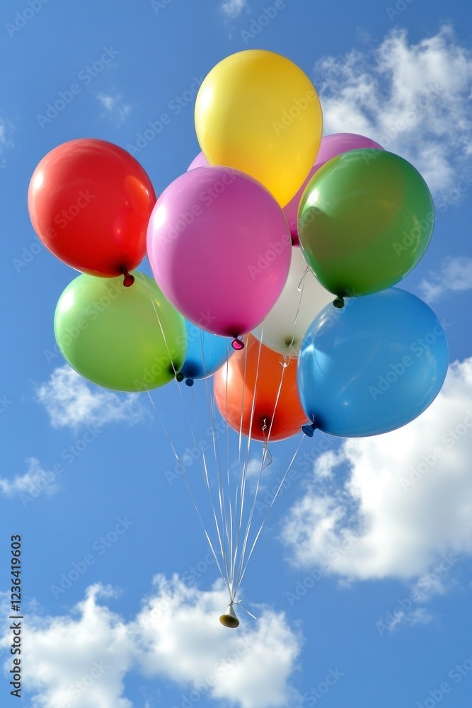 A colorful bunch of balloons floating in the blue sky, with clouds in the background. The colors include reds and pinks for the balloon and various shades of green yellow purple orange white blue. A colorful bunch of balloons floating in the blue sky, with clouds in the background. The colors include reds and pinks for the balloon and various shades of green yellow purple orange white blue.