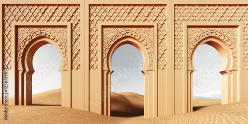 Ornate Arabic arch standing in the desert - 3d render. Luxurious Islamic design with a surreal aesthetic, ideal for Ramadan, Eid, and spiritual concepts.