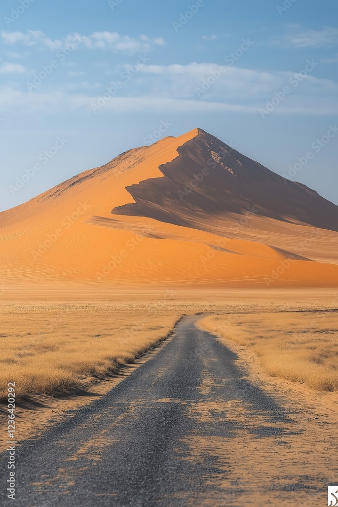 Scenic road leading to a towering sand dune under a clear sky at sunset in a desert landscape Scenic road leading to a towering sand dune under a clear sky at sunset in a desert landscape