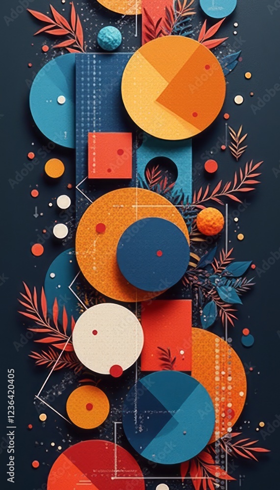 Obraz premium An eye-catching arrangement of colorful geometric shapes, including circles and squares, creates a striking visual impact against a dark background. The interplay of orange, blue, and white elements