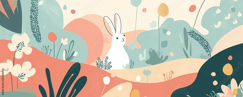 Fototapeta premium Hand-Drawn Easter Bunny Floral Banner: Cute and Warm Background Illustration