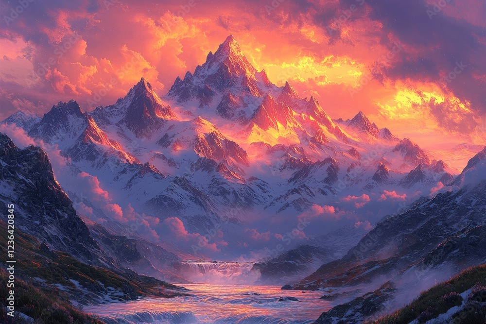 Majestic Mountain Range at Sunset with Waterfall Majestic Mountain Range at Sunset with Waterfall