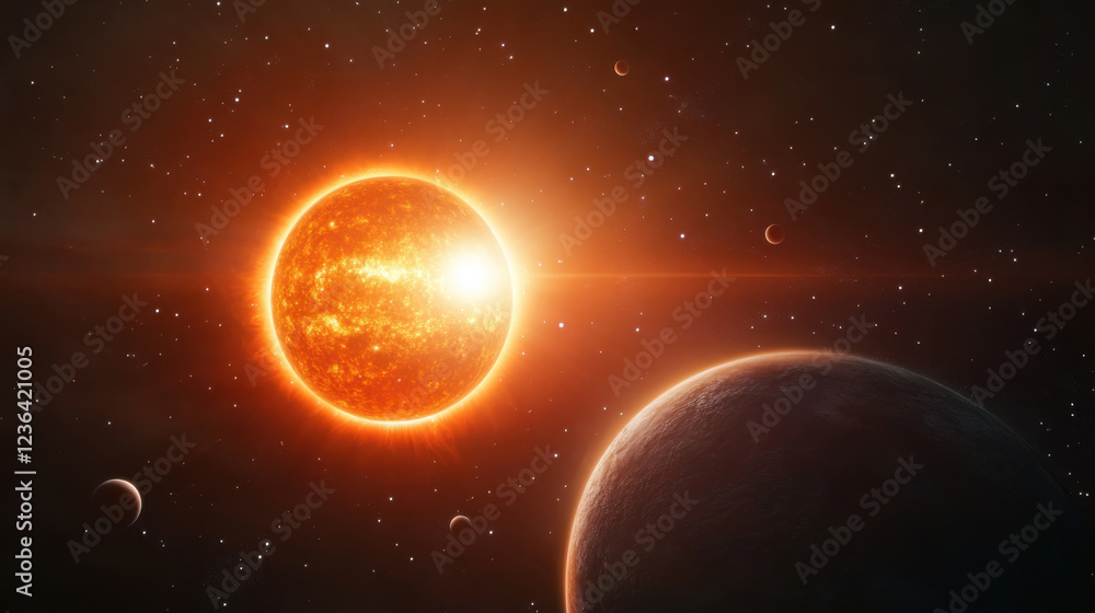 Fototapeta premium stunning view of glowing sun surrounded by planets in space, showcasing beauty of astrophotography and vastness of universe