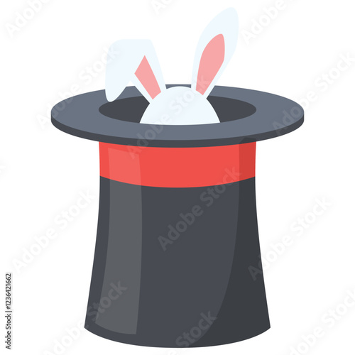 Rabbit ears peek from black top hat with red band. Ideal for magic show promotions, Easterthemed designs, or whimsical illustrations.