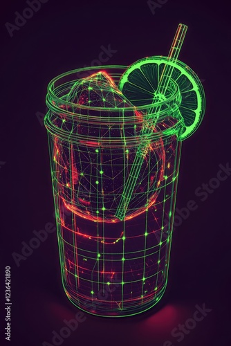 Neon wireframe representation of a refreshing drink with ice and a lime slice on a dark background