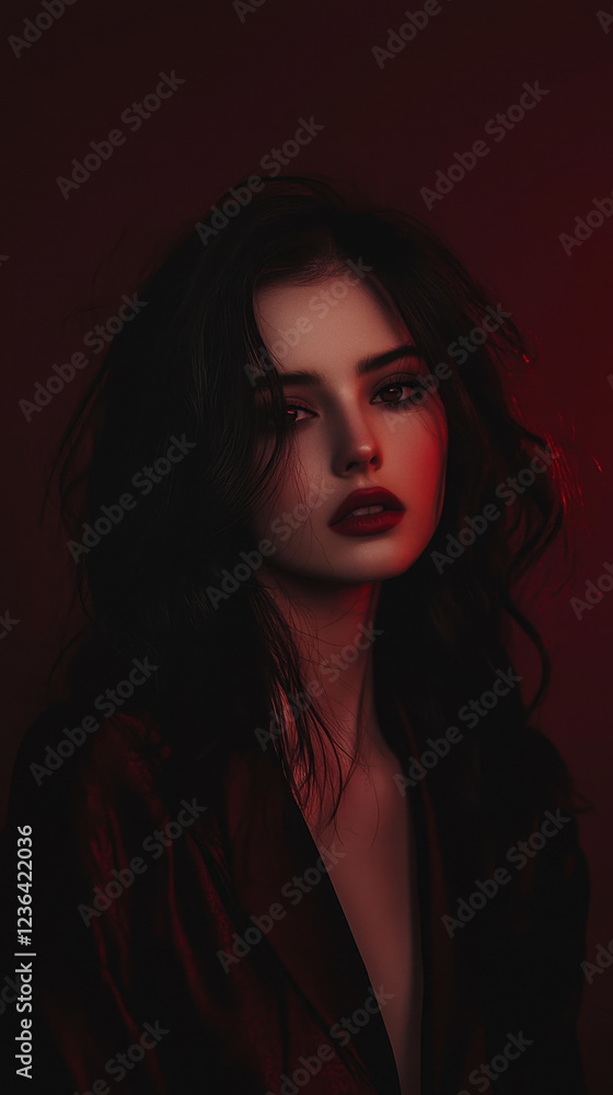 Moody portrait of a woman in deep red lighting with dramatic contrast and shadows. Moody portrait of a woman in deep red lighting with dramatic contrast and shadows.