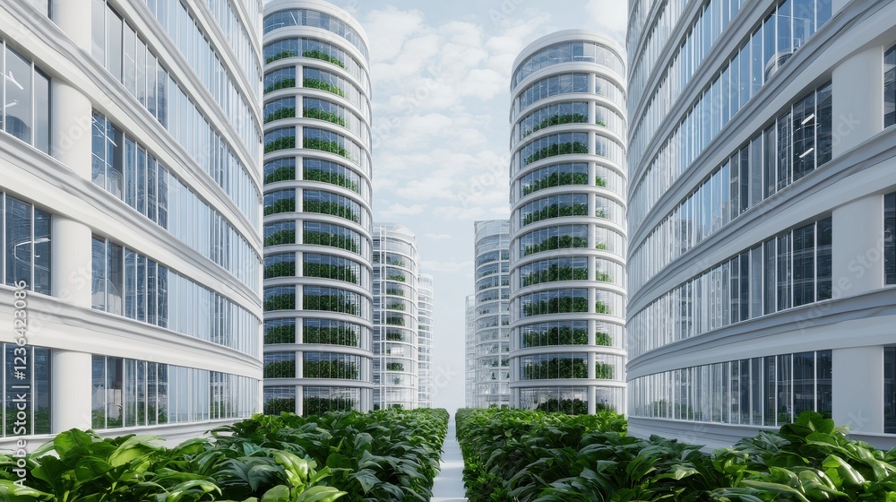 Modern Urban Greenery with High-Rise Buildings and Vertical Gardens Modern Urban Greenery with High-Rise Buildings and Vertical Gardens