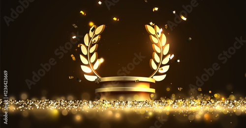 Award round podium with laurel wreath on dark background. Vector golden symbol of victory, achievement, success, rewarding of winner.