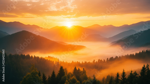 Beautiful sunrise over mountains with mist creating serene atmosphere. golden light illuminates landscape, enhancing natural beauty of forested hills