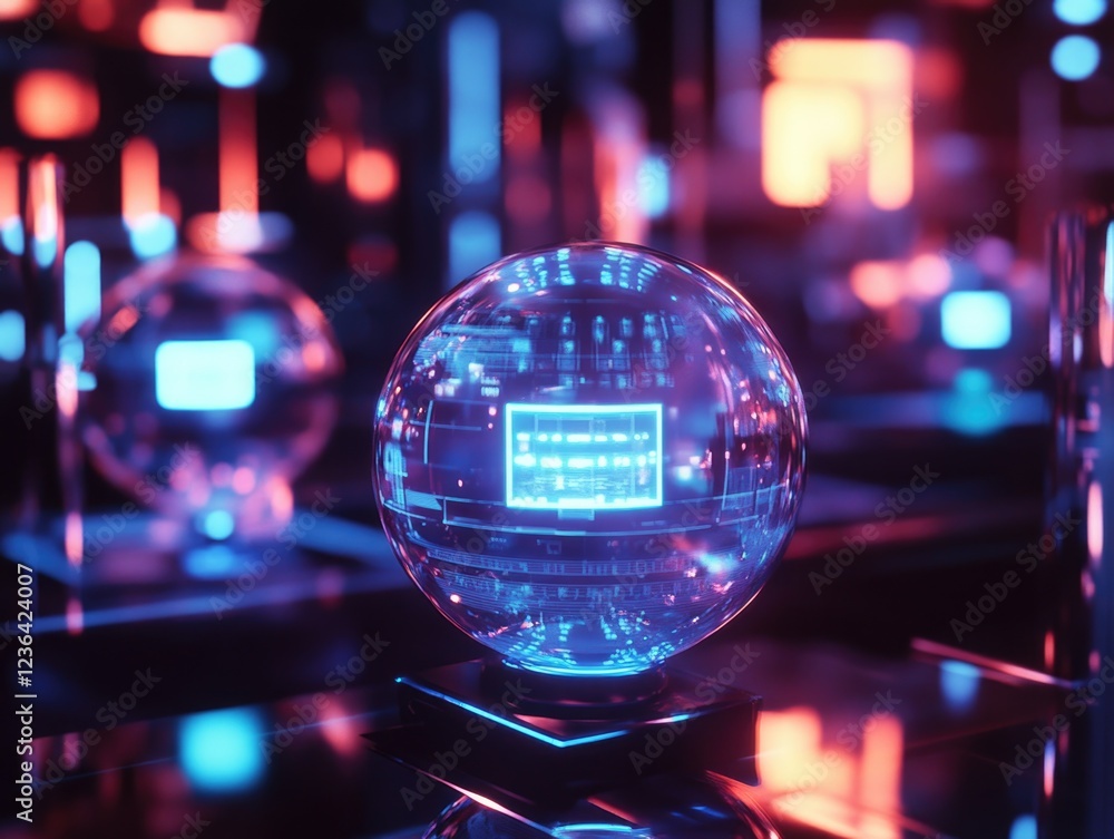 A glowing sphere with a blue screen on it. The sphere is surrounded by other spheres and is lit up in a neon color A glowing sphere with a blue screen on it. The sphere is surrounded by other spheres and is lit up in a neon color