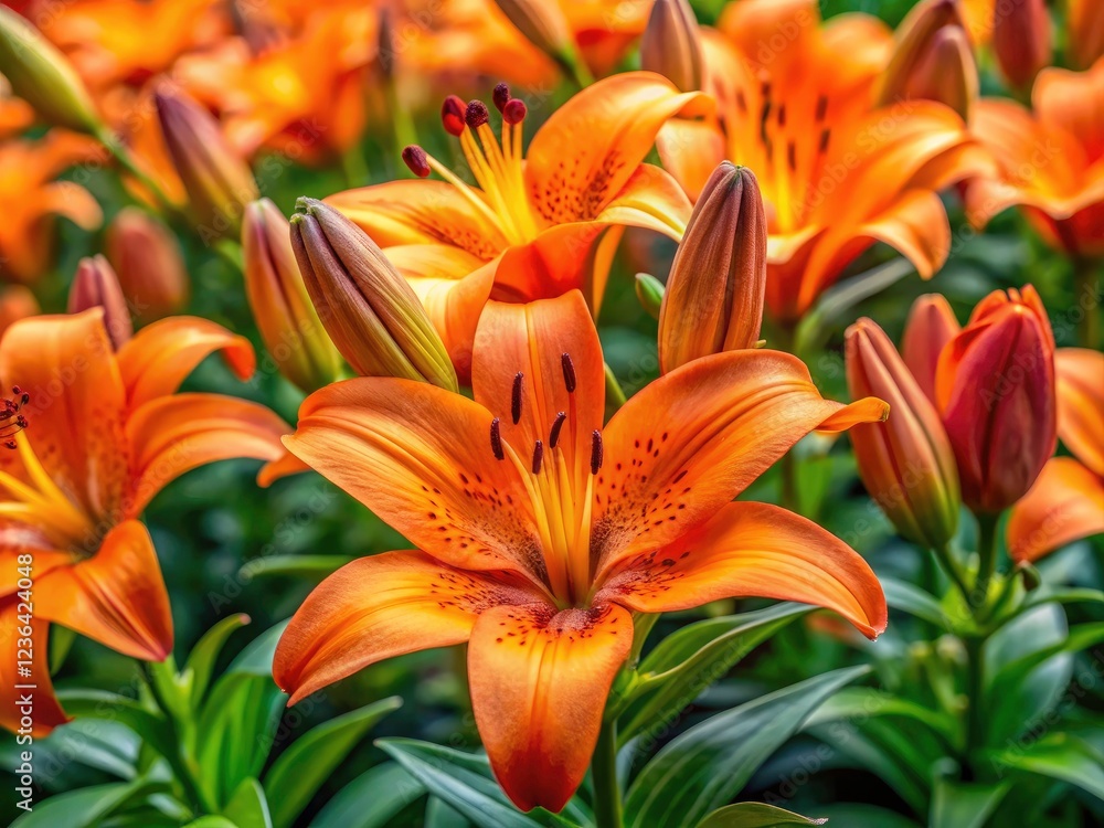 A breathtaking close-up reveals the vibrant orange hues of lilies in a stunning floral macro portrait. A breathtaking close-up reveals the vibrant orange hues of lilies in a stunning floral macro portrait.