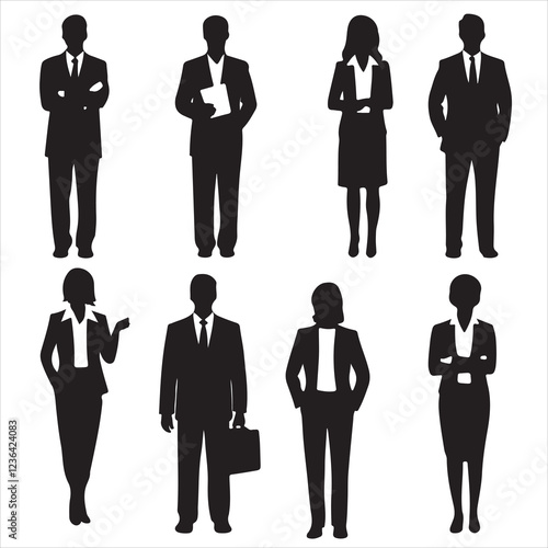 set of vector men and a women, a group of standing business people silhouette