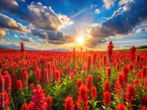 A breathtaking landscape photograph: a vibrant red flower meadow in full spring bloom.