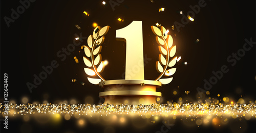 Winner award. Number one. Golden laurel wreath on podium with falling confetti.