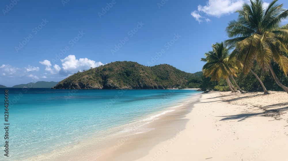 Tropical Island Beach with Palm Trees and Pristine Blue Waters Tropical Island Beach with Palm Trees and Pristine Blue Waters