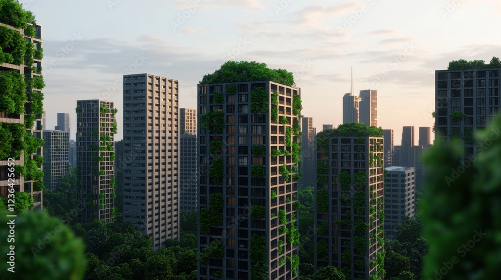 Obraz premium Urban Greenery and Sustainability in Modern Cityscape at Sunset