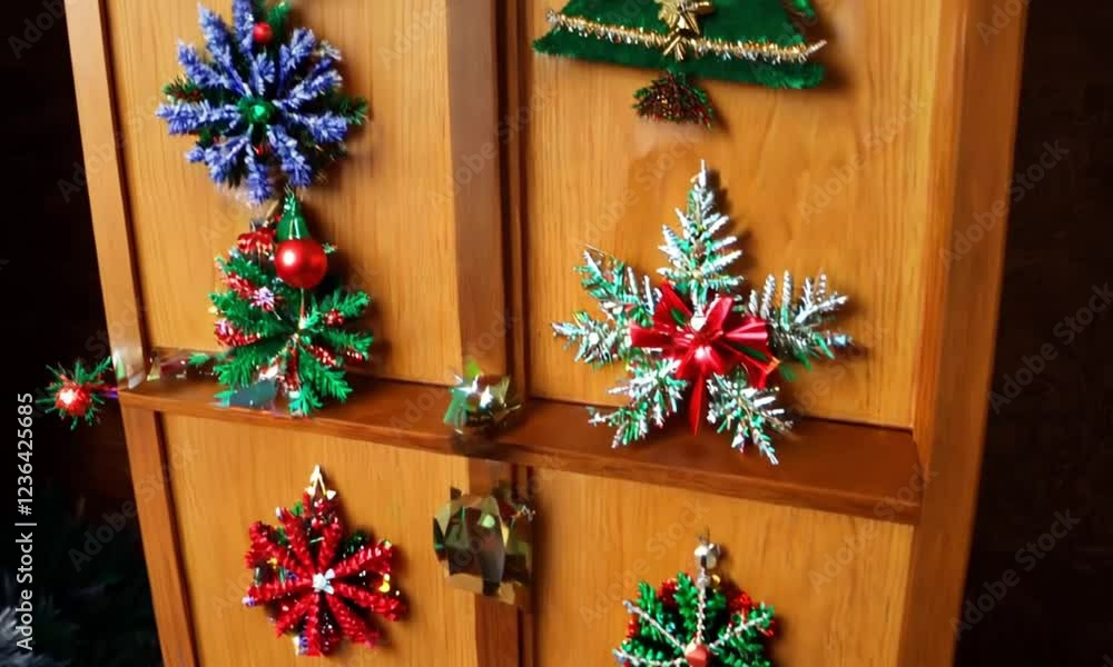 custom made wallpaper toronto digitalHandmade Christmas Ornaments: A charming collection of handcrafted Christmas ornaments, including snowflakes and Christmas trees, adorns a rustic wooden cabinet.