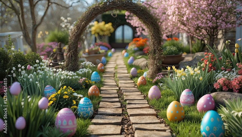 Fototapeta premium A charming garden path lined with decorative easter eggs
