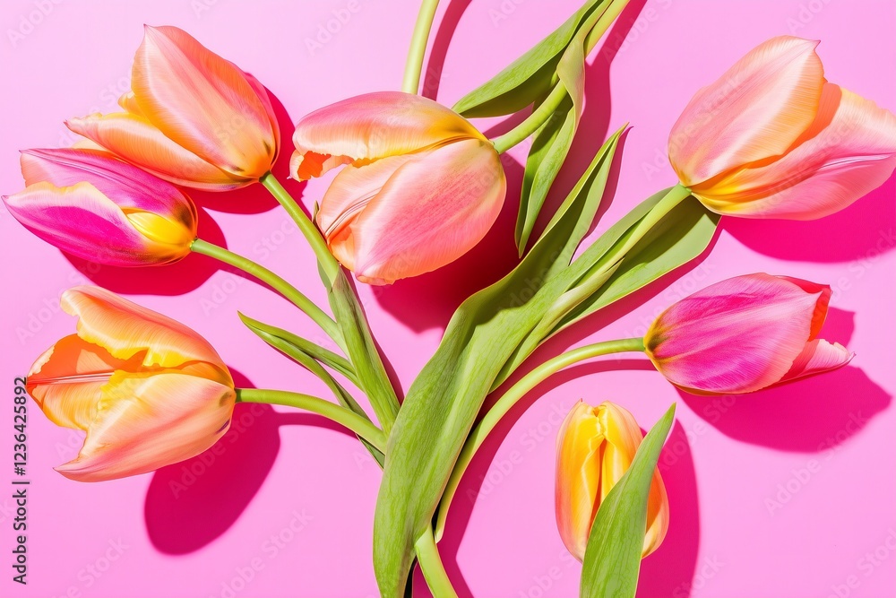 beautiful tulips scattered pattern on a pink background, flat lay spring festive background or greeting beautiful tulips scattered pattern on a pink background, flat lay spring festive background or greeting