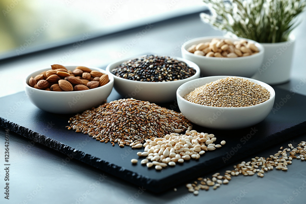 Collection of assorted seeds and nuts arranged in small bowls on a black slate serving board Collection of assorted seeds and nuts arranged in small bowls on a black slate serving board