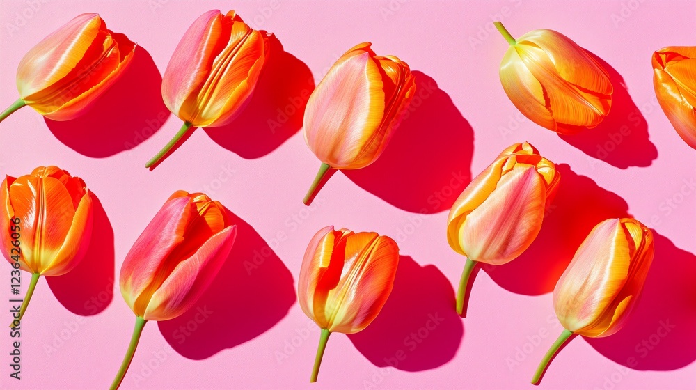 Fototapeta premium beautiful tulips scattered pattern on a pink background, flat lay spring festive background or greeting