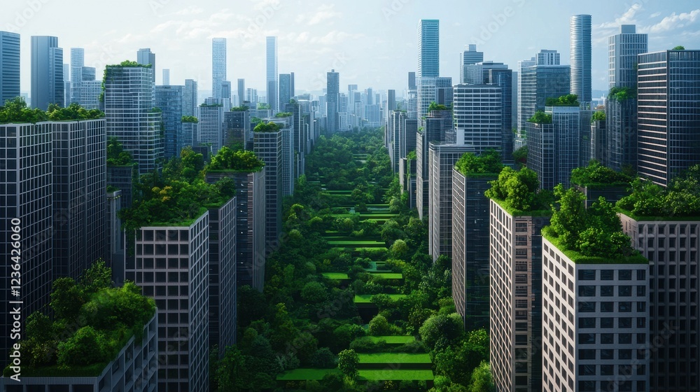 Obraz premium Green Urban Landscape with Skyscrapers and Lush Vegetation