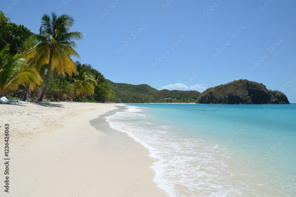 Tropical Island Beach with Palm Trees and Pristine Blue Waters Tropical Island Beach with Palm Trees and Pristine Blue Waters