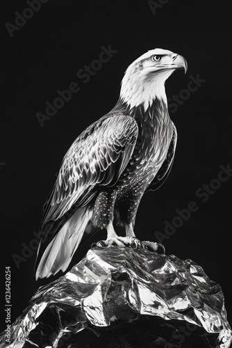 A bald eagle stands on a rock. The image is black and white, giving it a timeless and classic feel. The eagle's posture and stance convey a sense of strength and power photo