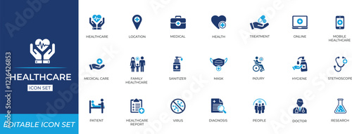 Healthcare icon set featuring medical tools, patient, prescription, stethoscope, signs, cardiology, dental, dentist, help, management, diagnosis, heartbeat, and health support elements.